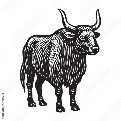 Stylized black and white woodcut illustration of a powerful bull standing proudly, showcasing its muscular build and impressive horns, evoking strength and vitality