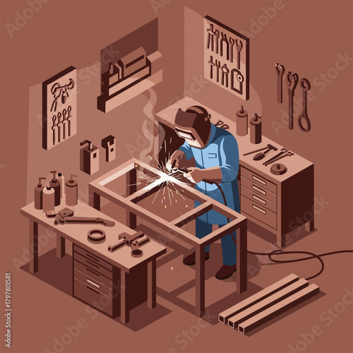 Skilled Welder Working on Metal Frame in Workshop.