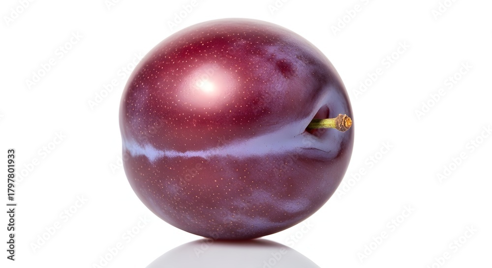 Fototapeta premium Single ripe plum with a stem, isolated on white background