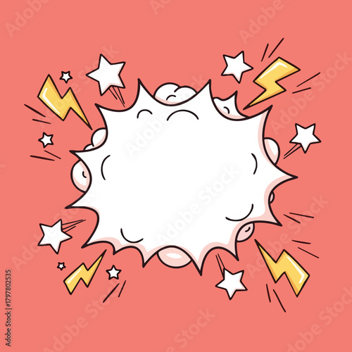 Explosive Pop Art Speech Bubble with Stars and Lightning Bolts on Coral Background