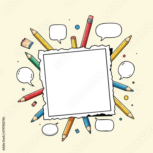 Creative illustration of blank polaroid frame surrounded by colorful pencils and speech bubbles for brainstorming ideas