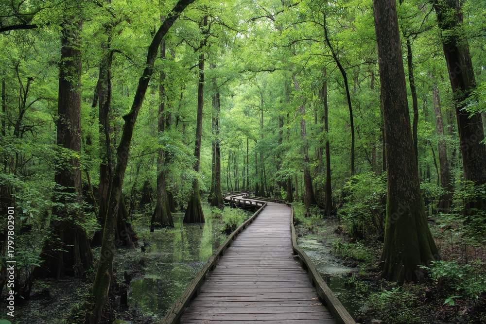 Obraz premium Congaree National Park Boardwalk Through Lush Green Trees in Summer Season
