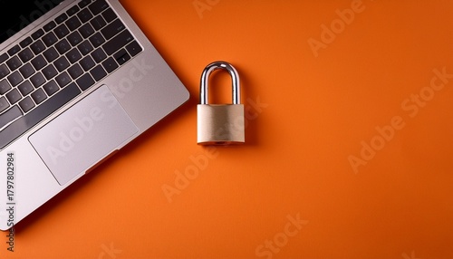 flat lay composition of cybersecurity awareness month message metallic padlock and laptop on orange background highlighting data protection and online safety themes