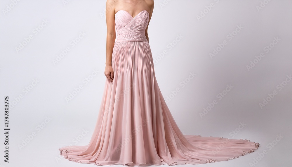 Fototapeta premium a light pink strapless evening gown with a high slit standing against a white background