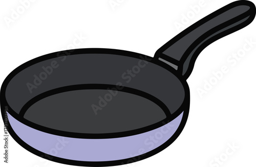 Cooking pan vector illustration depicting a dark gray skillet with a black handle and light purple rim