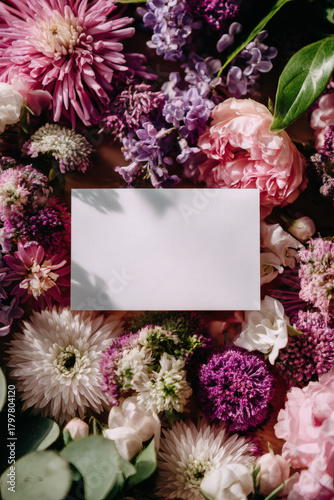 A blank white paper on an background, with bright flowers, AI generated