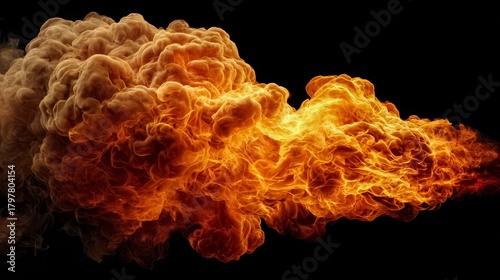 Large cloud of smoke with a fire in the middle. The fire is orange and the smoke is yellow