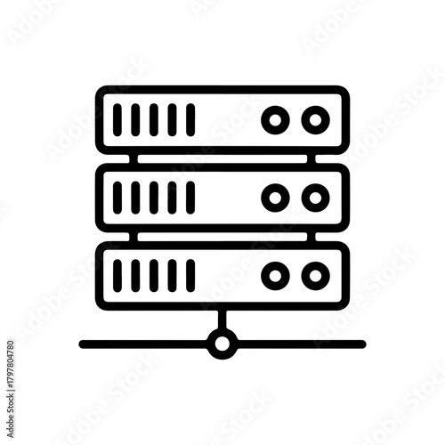 Minimalist black line icon of a server rack with three stacked units and network connectivity symbol
