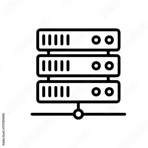 Minimalist black line icon of a server rack with three stacked units and network connectivity symbol