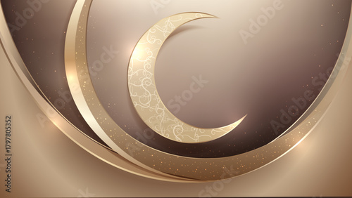 Elegant Islamic abstract background featuring a crescent moon, metallic textures, soft gradients, and gentle light reflections. Perfect for a luxurious and refined touch in your modern Islamic designs
