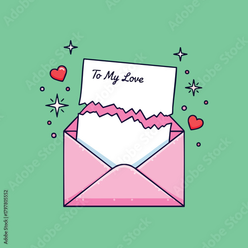 A charming pink envelope reveals a heartfelt valentine message with sparkling accents and decorative hearts signifying love and affection