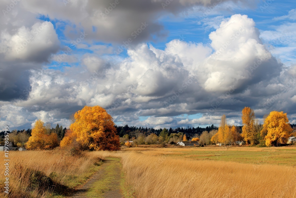 Fototapeta premium Autumn Bliss in Kent Washington: A Scenic Highway Adventure Through Colorful Countryside Clouds and Fields