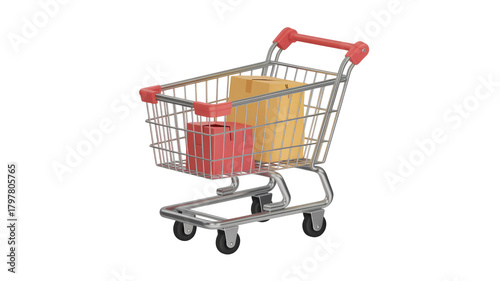 A 3D rendered shopping cart holds a red gift box and a brown cardboard parcel, ready for online order delivery or retail purchase. background removed