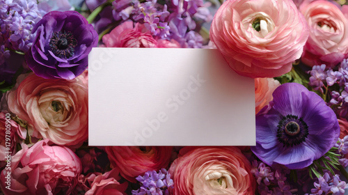 A blank white paper on an background, with bright flowers, AI generated