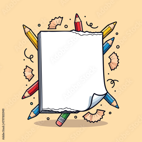 Creative drawing and writing inspiration frame with colorful pencils and scattered shavings against a warm background