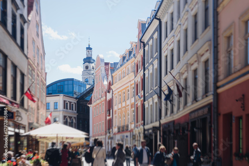 Riga Old Town view, Latvia, streets of  Vecriga historical center with Town Hall square, House Of The Black Heads, Cathedral and church, travel to Latvia and Baltic States, summer day with a blue sky
