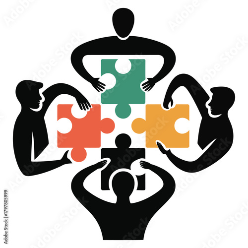 Team of people putting together a jigsaw puzzle to represent teamwork and collaboration