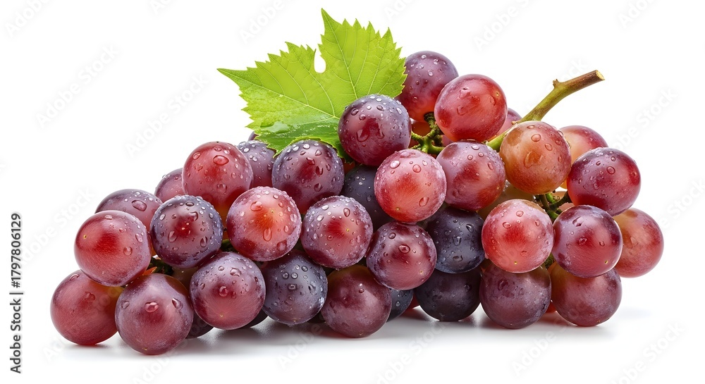 Obraz premium Fresh red grapes with water droplets and green leaf on white background