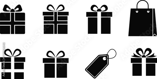 PrintGift box icons, shopping bag symbol, price tag vector, black outline design, retail graphic set, e-commerce elements, holiday packaging illustrations