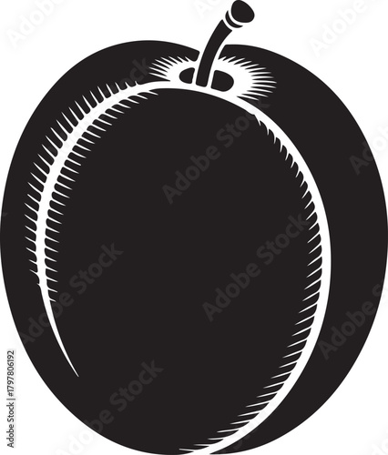 Illustration of fresh plum fruit with stem and leaf isolated on transparent background vector silhouette