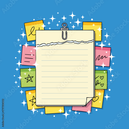 A vibrant circular arrangement of colorful sticky notes and a central blank sheet for writing ideas and reminders adorned with twinkling stars