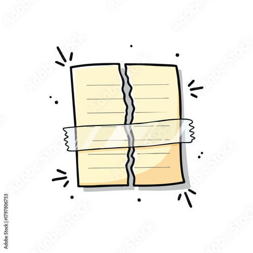 A torn piece of lined paper meticulously repaired with clear adhesive tape illustrated in a charming hand-drawn doodle style
