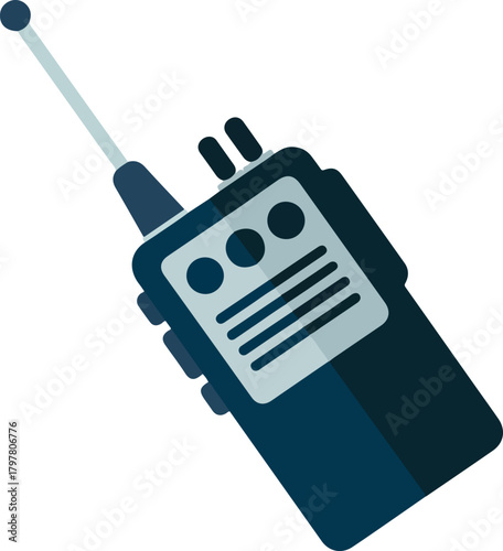 Dark blue walkie talkie vector icon with an extended antenna for wireless communication isolated on a transparent background
