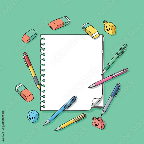 Colorful collection of writing instruments and stationery items arranged around a blank notebook page