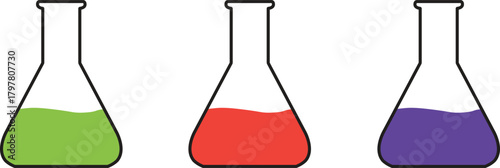 Set of Three Chemical Erlenmeyer Flasks Vector - Laboratory Glassware with Colored Liquid
