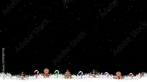 A clean holiday frame with a black background and falling snow. The bottom border features gingerbread cookies and colorful candy.