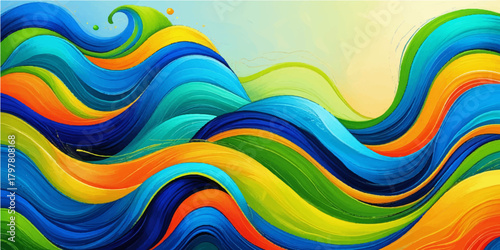 Abstract colorful background with flowing rainbow waves and bright geometric curves creating a vibrant vector illustration texture for a modern art wallpaper