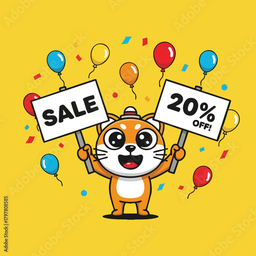 Adorable cartoon character announces a significant sale event with exciting discounts and festive balloons adding to the celebratory atmosphere