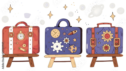Three decorated suitcases with space and time themes sitting on wooden stands in a white space