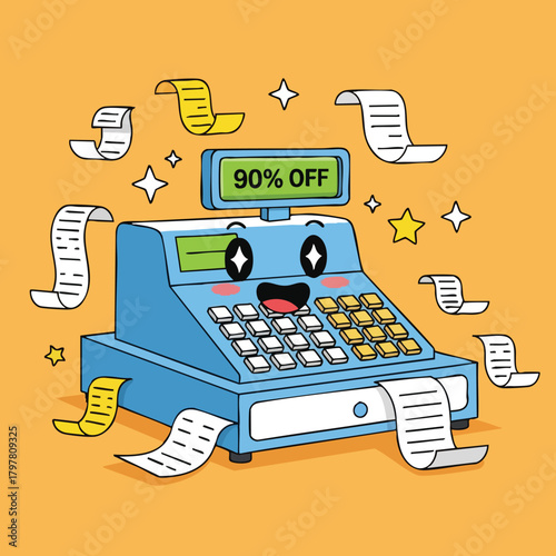 Joyful cartoon cash register with 90% off sign surrounded by receipts and stars on an orange background