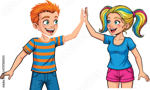 PrintHappy kids, high five, cartoon children, teamwork, celebration, smiling boy, cheerfun, energetic, gesture, bonding, success, illustration, white background, vibrant sty