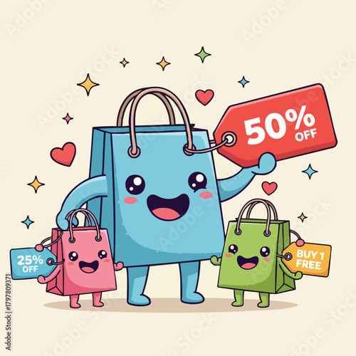 Charming shopping bags celebrate festive sales with exciting discount offers and buy one get one free promotions vibrant and cheerful illustration