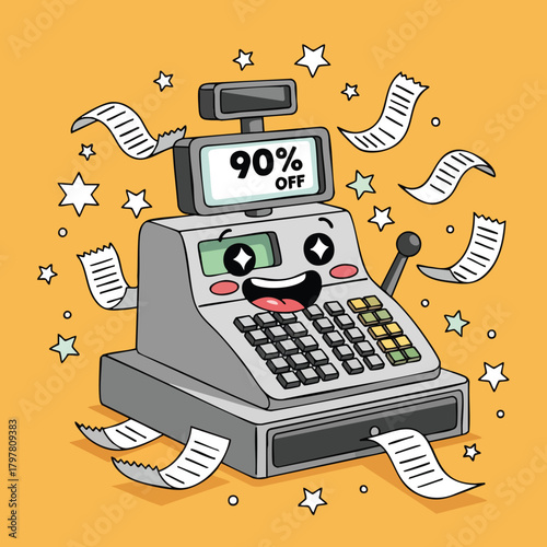 Joyful cartoon cash register celebrating a significant 90% discount promotion with festive stars and receipts