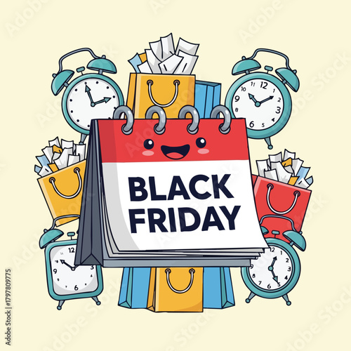 Exciting Black Friday Shopping Event Illustration with Alarms and Shopping Bags Celebrating the Holiday Shopping Frenzy