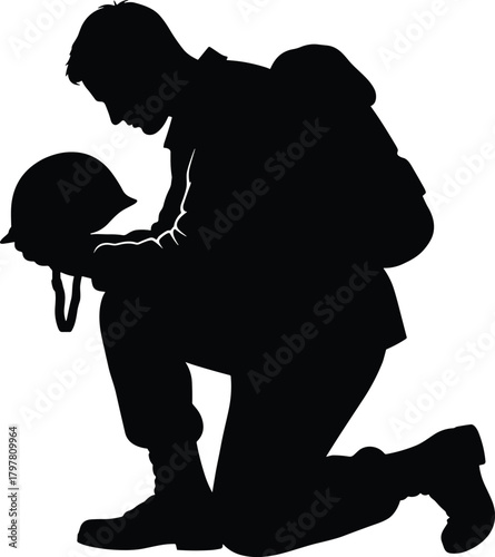 PrintSoldier silhouette kneeling, military tribute, helmet in hands, mourning pose, war remembrance, black figure, white background, emotional respect, fallen hero, battlefield honor