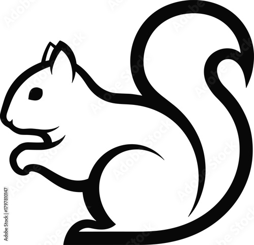 Squirrel silhouette illustration, black outline animal, minimalist design, nature icon, bushy tail, side profile, white background, graphic symbol