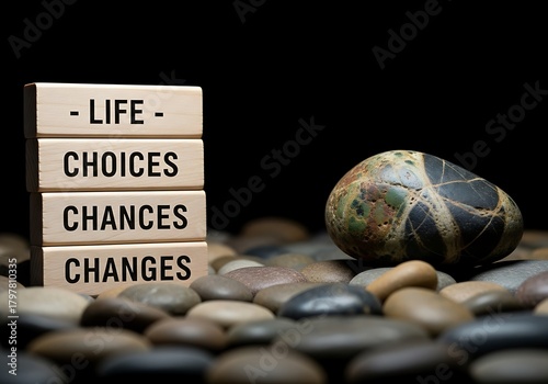 a still life composition featuring wooden blocks spelling out life choices chances changes alongside a polished stone on a bed of pebbles
