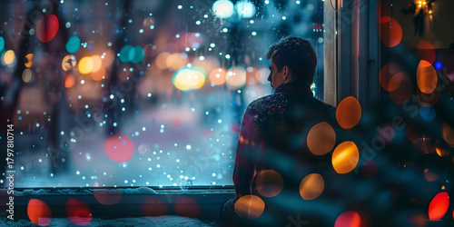 Silhouette of a person sitting alone and looking out the window at night during the Christmas season