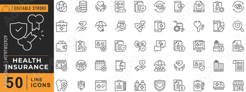 Health insurance line icon set. Editable stroke. Vector illustration.