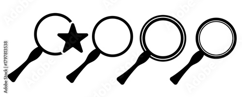 Magnifying glass icon set. Search, zoom, find, inspect, and review symbols with outline and solid styles. Vector illustration for UI/UX, web apps, analytics, and research.