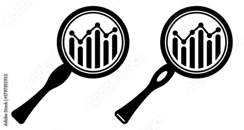 Magnifying glass focusing on data charts with line graphs and bar graphs. Magnification emphasizes the details of the data, symbolizing research, analysis, data investigation in business or analytics.