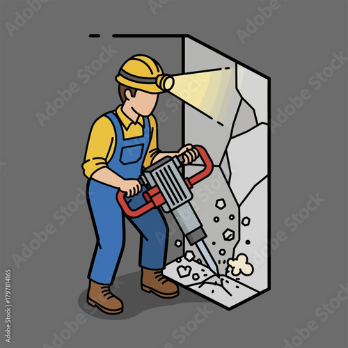 Construction worker using a jackhammer to break concrete wall.