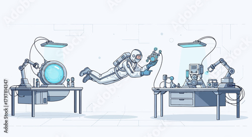 Futuristic astronaut floating in a lab environment conducting scientific research and experiments