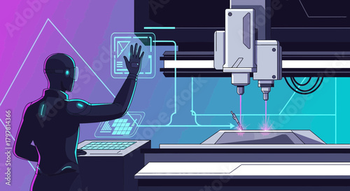 Futuristic automation process utilizing advanced laser technology and robotic assistance for