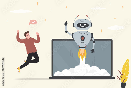 Innovative AI robot with rocket flying up from laptop, machine learning, technology development. Happy programmer or user in jump. Artificial intelligence, innovation.