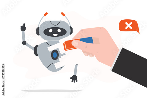 Human hand using eraser and deleting robot. Ban on artificial intelligence. Restricting AI in various fields. Stop using robot, chat bot. Refuse new technologies.